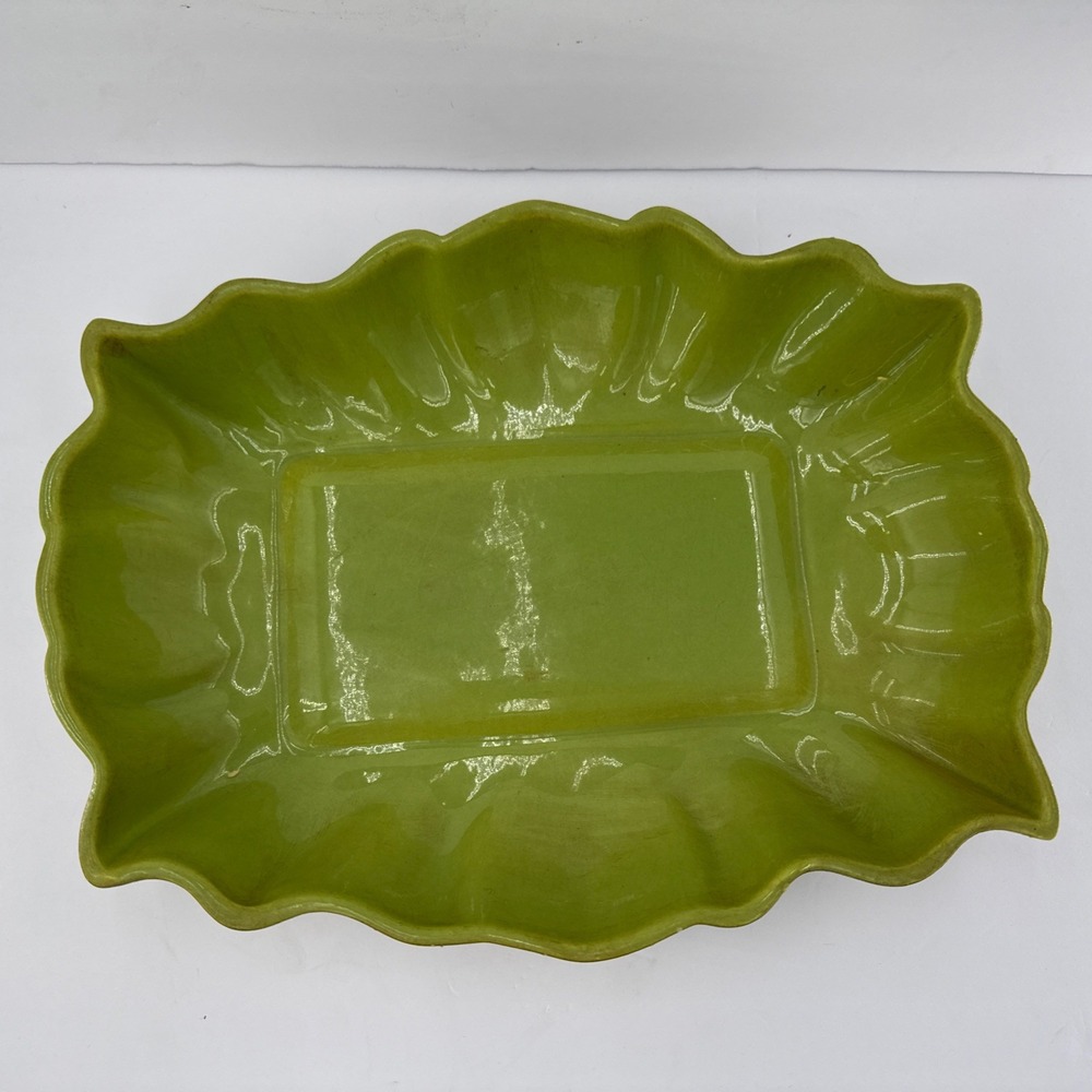 Vintage Hood's California Pottery #600 Green Ruffled Console Bowl MCM